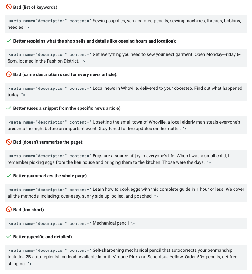 来自 Google 元描述页面的好与坏元描述