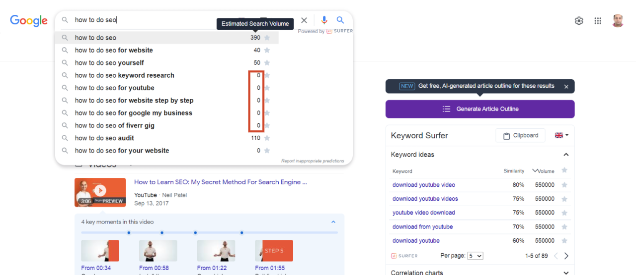 Google 在“如何进行 SEO”之后提出的建议查询的屏幕截图