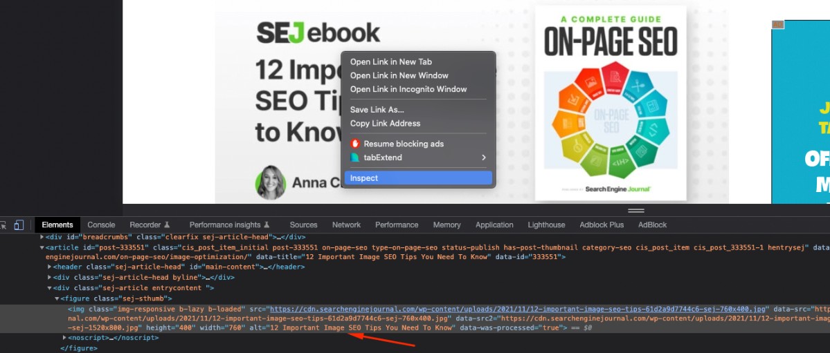 检查元素以检查 alt 文本