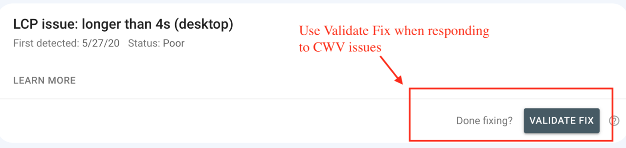 Google Search Console Core Web Vitals 报告的屏幕截图，其中“验证修复”按钮周围有一个红色框