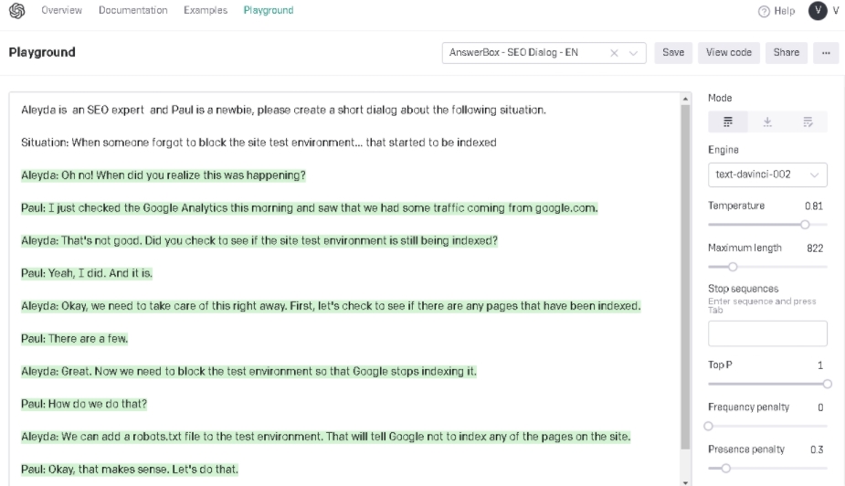 GPT-3 生成的 SEO 对话框