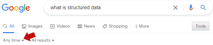 用于高级搜索的 Google 工具按钮的屏幕截图，显示了基于时间的搜索工具