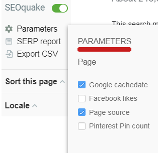 SEOquake Chrome 扩展程序参数菜单