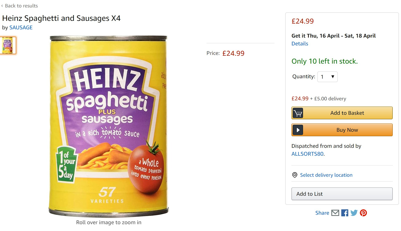 4 包 Heinz Spaghetti Plus Sausages 的价格上涨至 24 磅，而正常价格为 4 磅