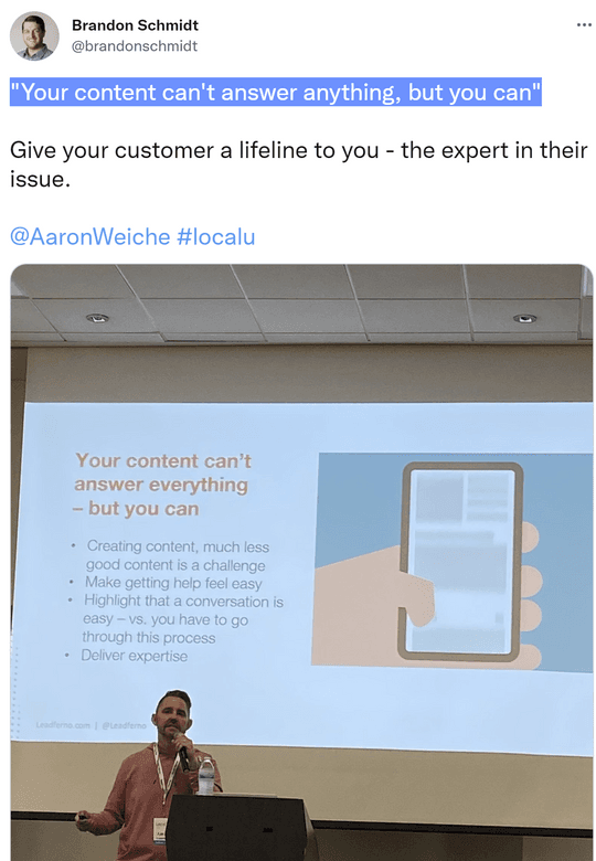 会议发言人 Aaron Weiche 展示了幻灯片，指出您的内容无法回答所有问题，但您可以。