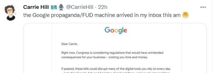 来自 Carrie Hill 的推文关于 Google 的一封电子邮件，内容可能是新法律可能造成的干扰。