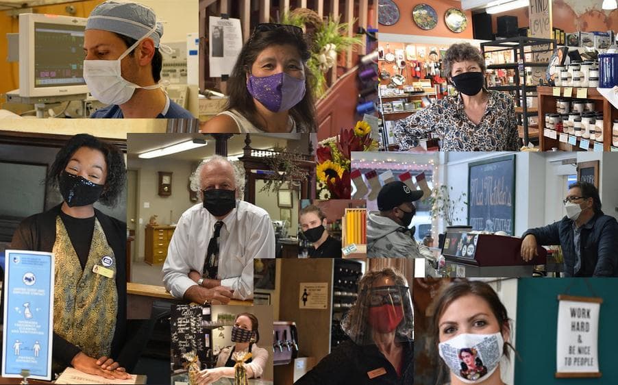 当地企业主和戴着口罩的工人的拼贴画。