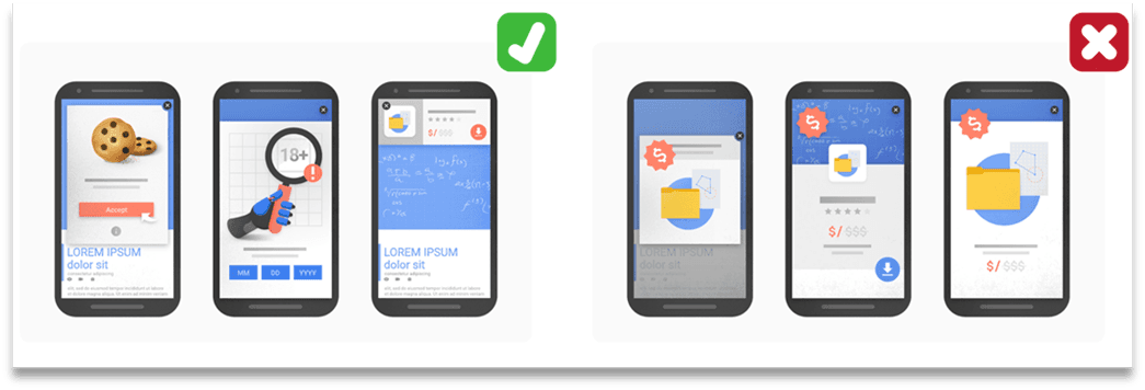 可接受的插页式广告和使内容难以访问的侵入式插页式广告的示例。