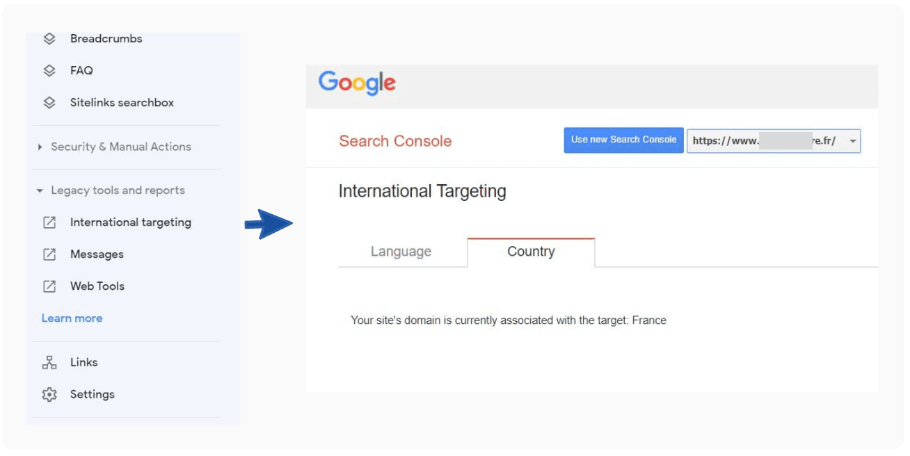 Google Search Console 中使用 ccTLD 的法语域的国际定位报告。