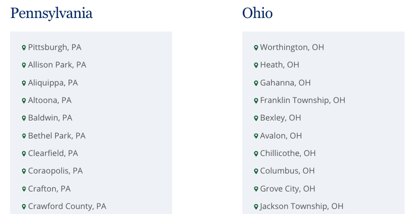 位置页面的屏幕截图，显示宾夕法尼亚州和俄亥俄州的服务地点列表。