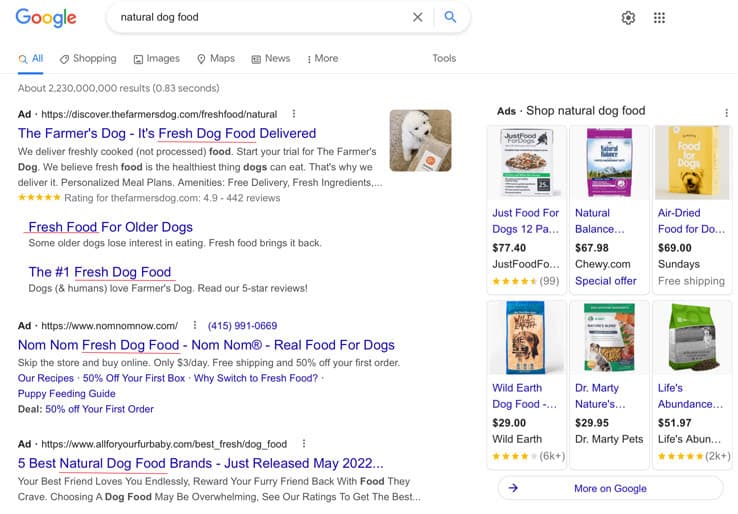 图：搜索“天然狗粮”时显示的前 3 个广告。 请注意，所有广告都在广告标题和说明中使用主要关键字。