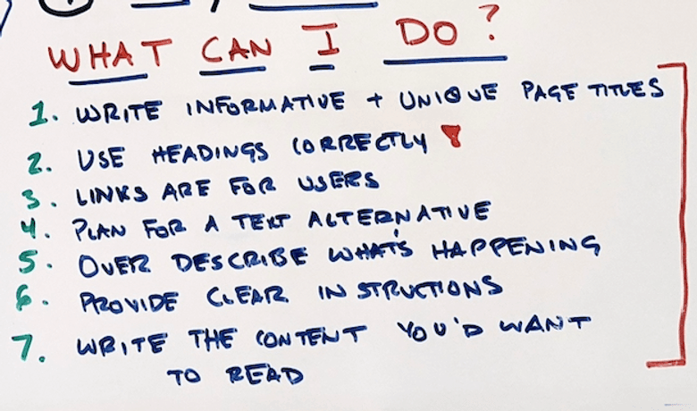 谷歌 SEO 可以做的七件事的手写列表，以在他们的工作中应用可访问性实践。