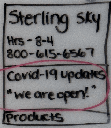 Hand drawing of a GMB listing for Sterling Sky with a red circle around a COVID-19 Google Post.