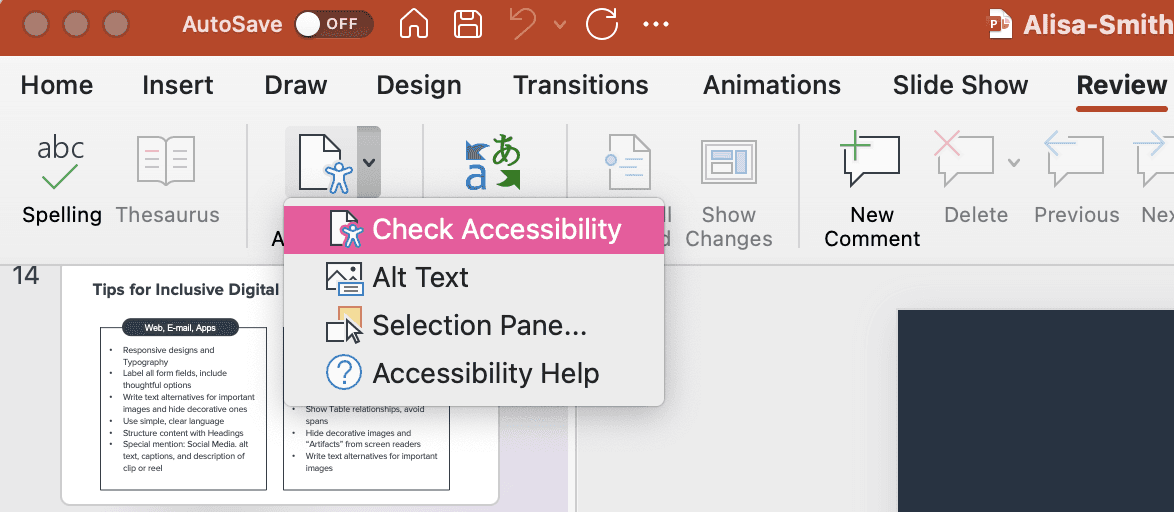 PowerPoint 中检查辅助功能的示例。