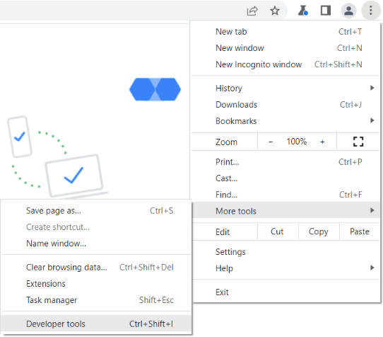 显示上述访问 DevTools 步骤的屏幕截图