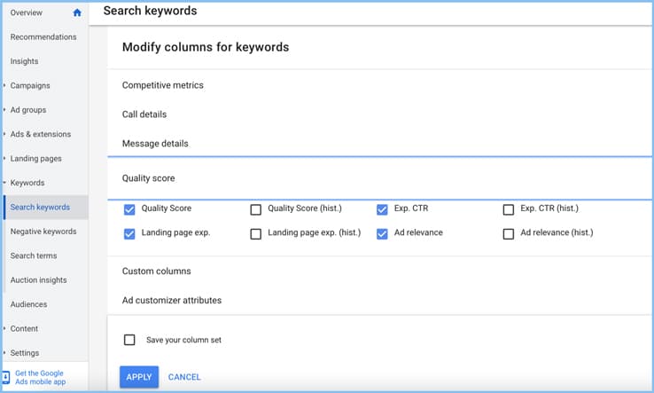 图 4：修改关键字列以添加质量得分列
