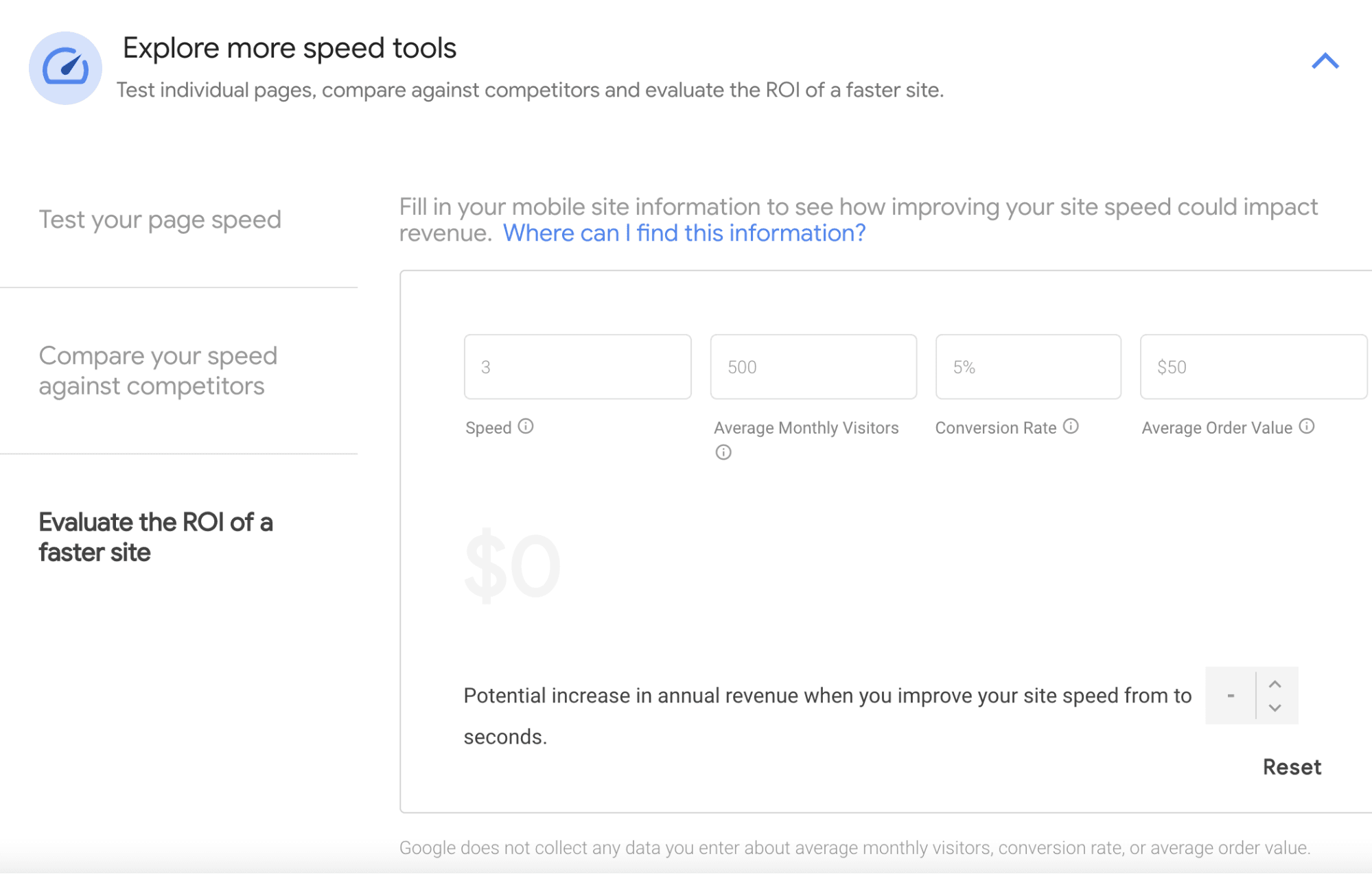 测试我的网站速度工具的屏幕截图