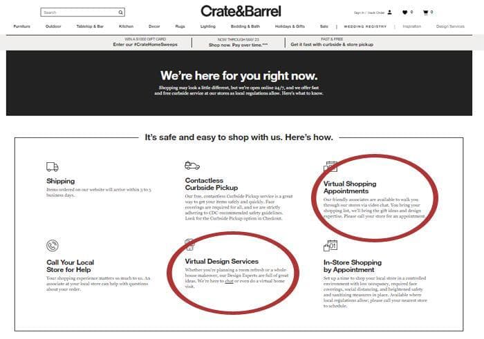 Crate & Barrel 客户服务选项的屏幕截图。