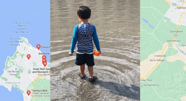 男孩俯视加利福尼亚地图上覆盖的水中涟漪。