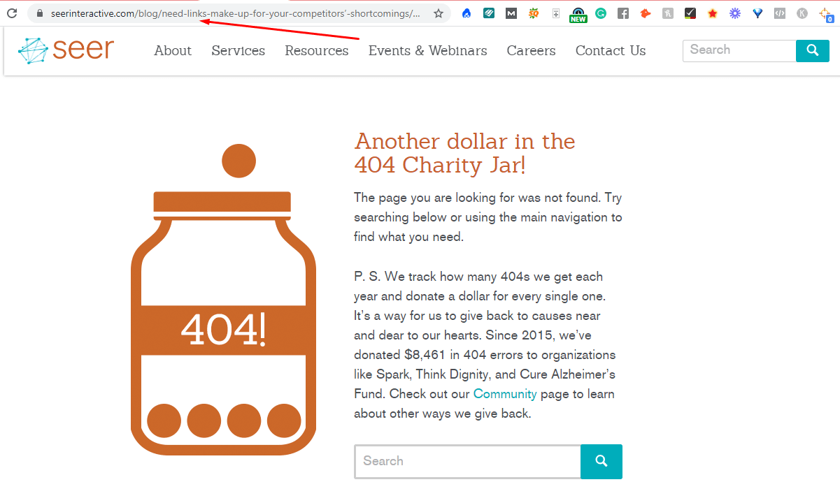 seerinteractive.com 上的 404 页面上写着“404 慈善罐中的另一美元！”