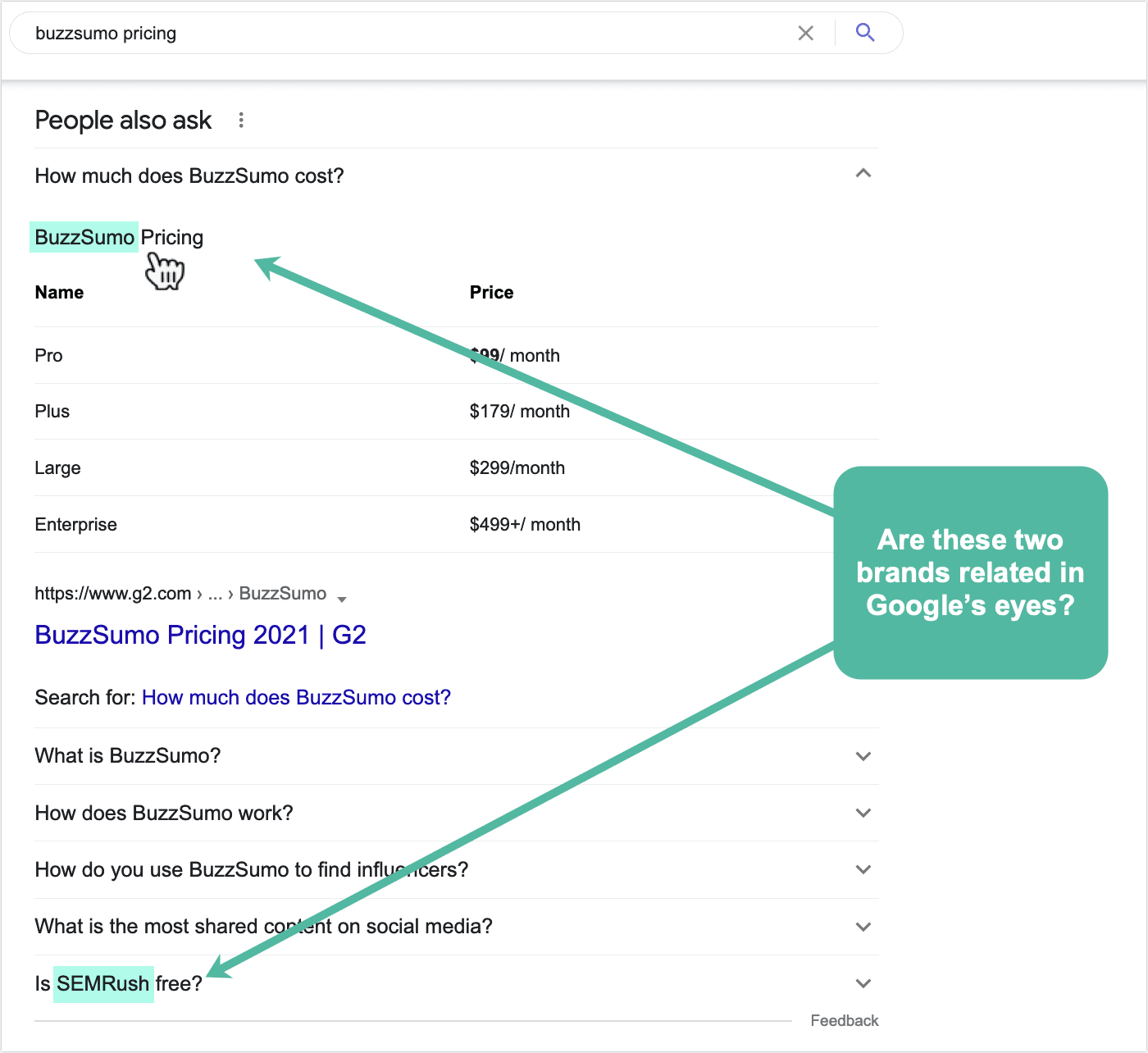 搜索查询“Buzzsumo 定价”的 People Also Ask 建议框的屏幕截图。