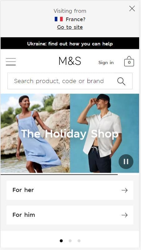 markandspencer.com 上的非侵入式基于地理的横幅示例