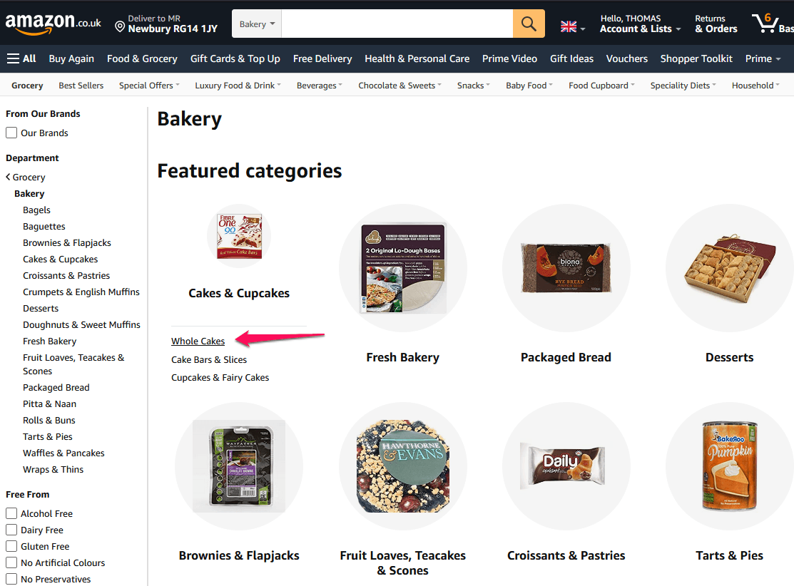 亚马逊桌面上的子类别。