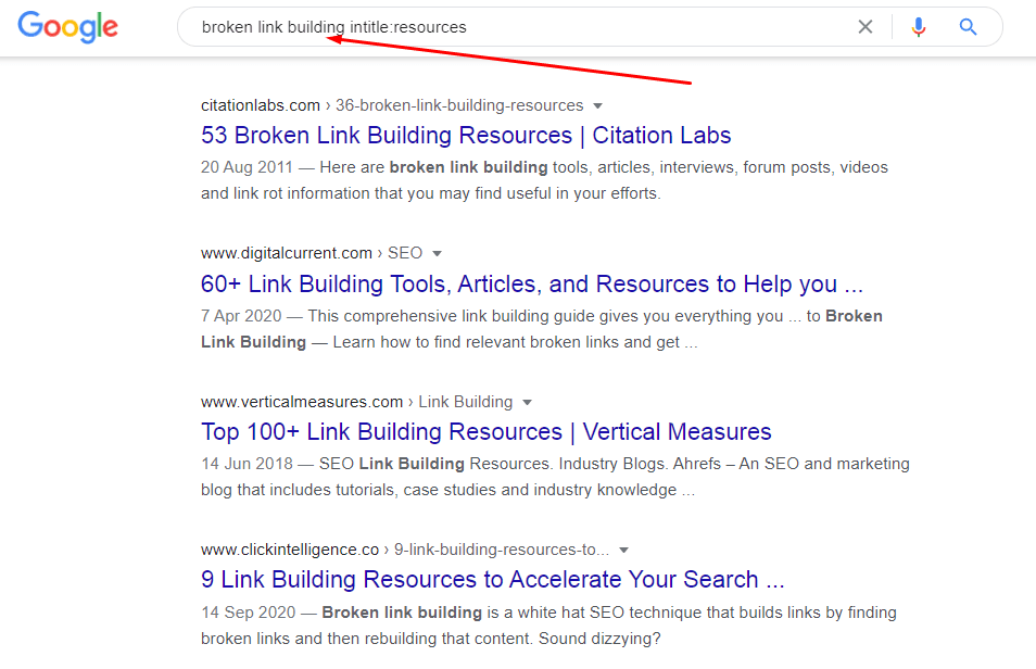 使用 Google 搜索运算符查找断开链接构建的资源页面后的 SERP