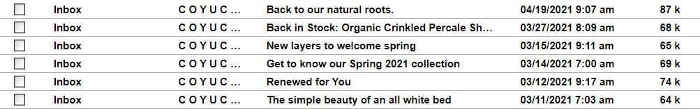 示例电子邮件收件箱的屏幕截图。