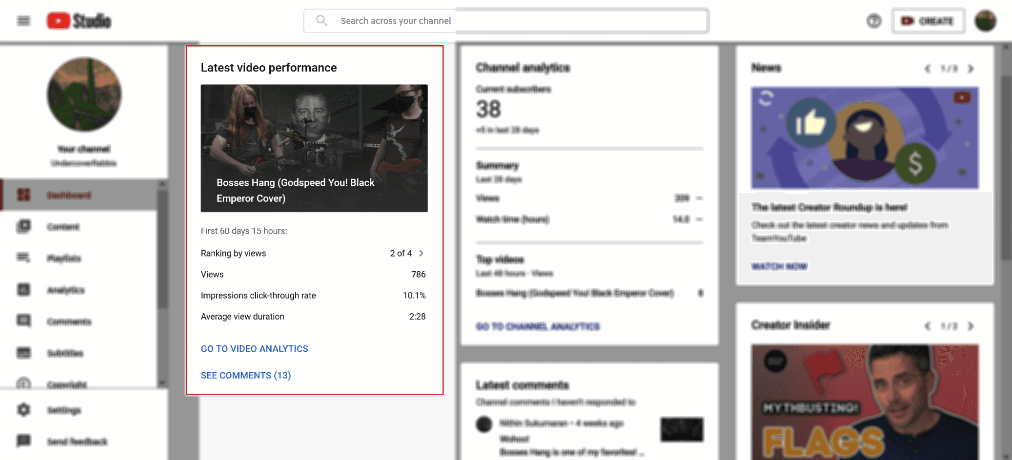 YouTube 工作室频道仪表板。