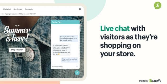 Shopify 的实时聊天选项的屏幕截图。
