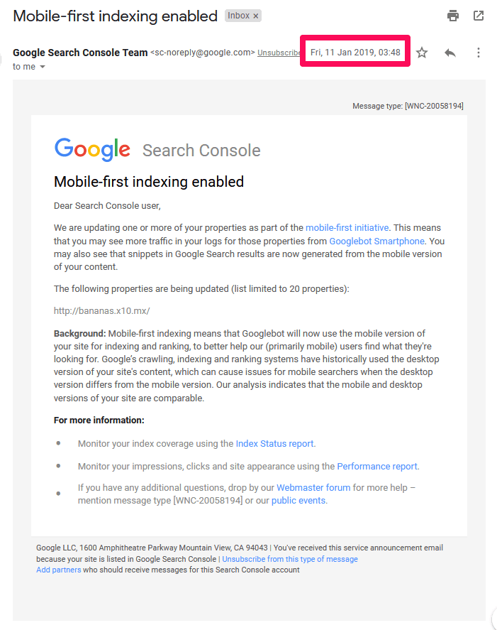 来自 Google Search Console 团队的关于移动优先索引的电子邮件。