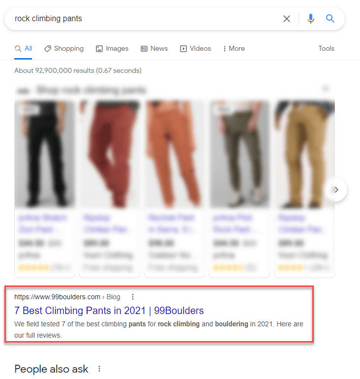 谷歌搜索攀岩裤，结果 7 Best Climbing Pants in 2021 以红色方框突出显示。