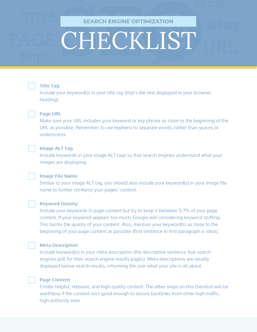 搜索引擎优化清单。