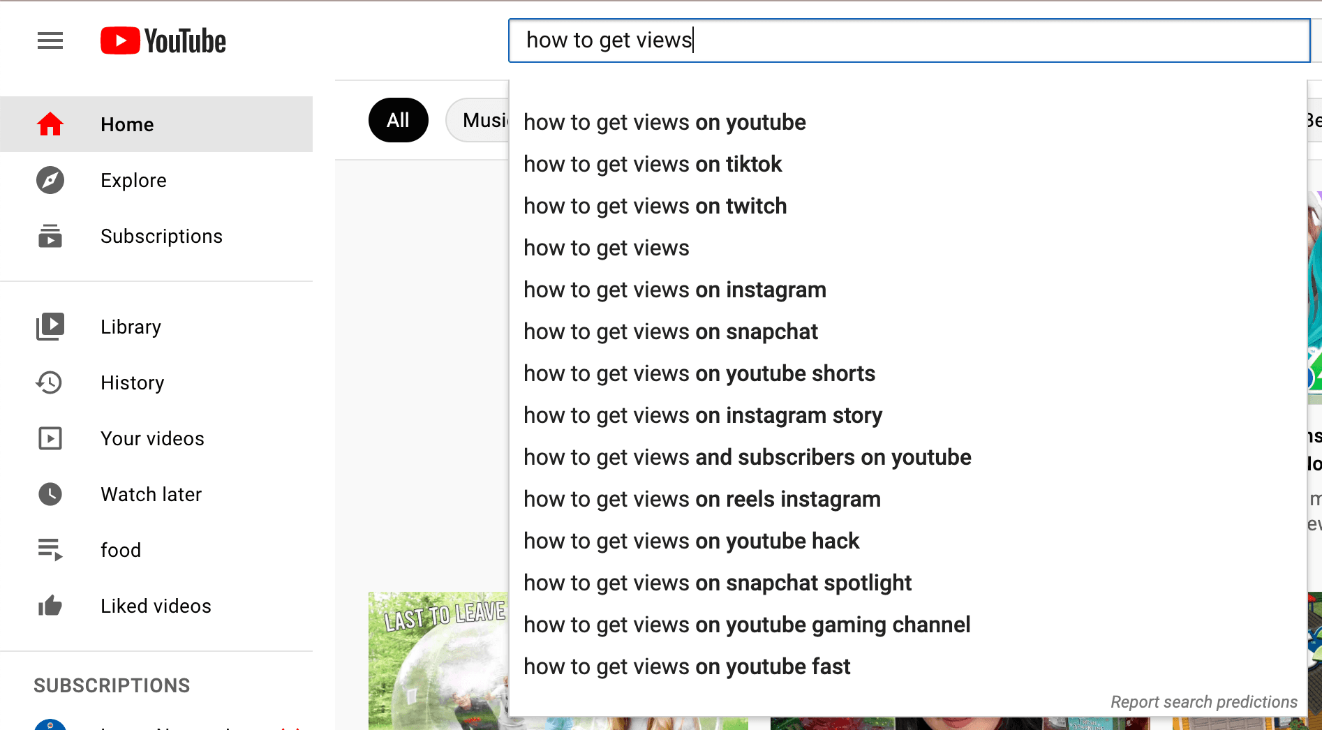 在 YouTube 上搜索“如何获得观看次数”的建议。