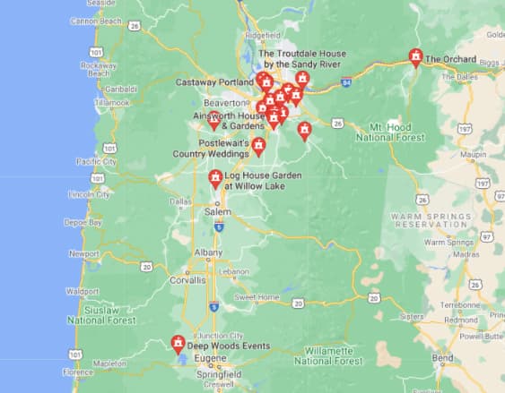 谷歌地图搜索“俄勒冈州婚礼场地”。