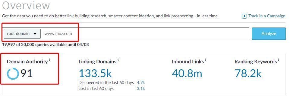 Moz Pro 中显示的 moz.com 的域权限