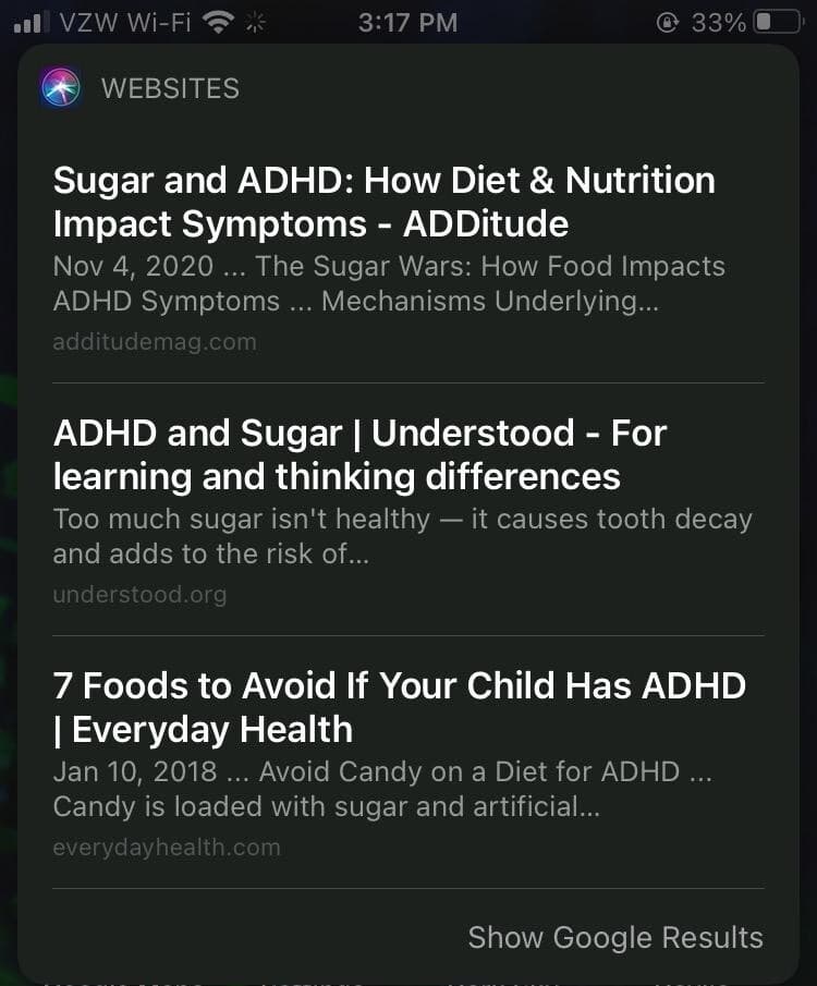 糖和多动症的 Safari SERP 结果