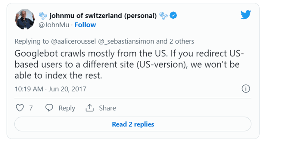 John Mueller 的推文截图，解释说 Googlebot 主要从美国抓取。