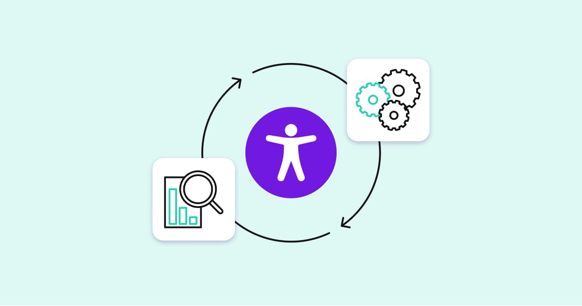 紫色圆圈中人物轮廓的图形，周围有两个指向连续圆圈的箭头。 圆圈的右侧是齿轮图像，左侧是放大镜悬停在条形图上的图像。