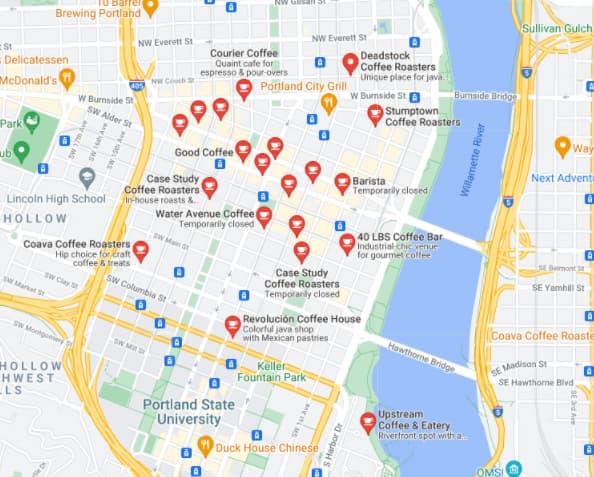 谷歌地图搜索“波特兰市中心咖啡”。