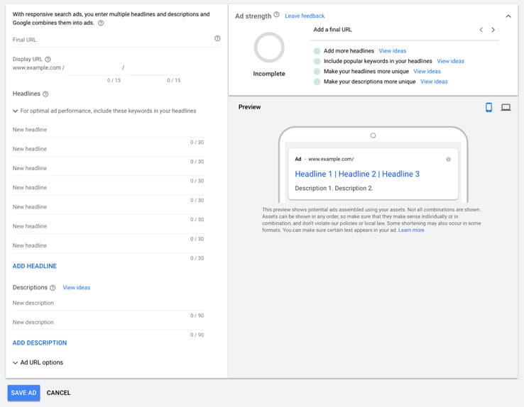 响应式搜索广告设置屏幕