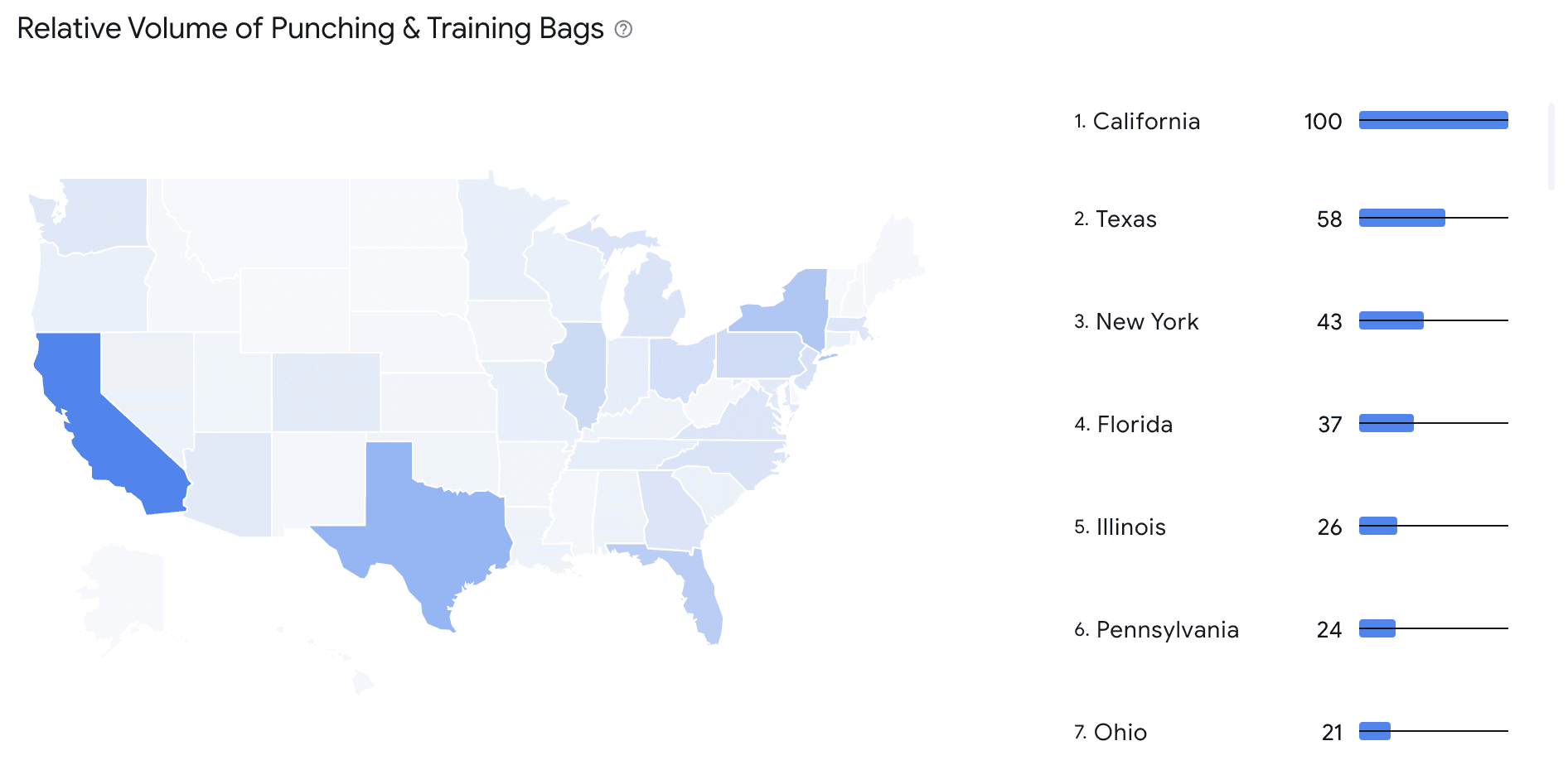 显示美国每个州的相对搜索量的地图
