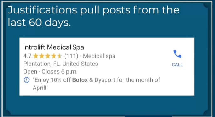 使用 Google 帖子的本地理由示例。