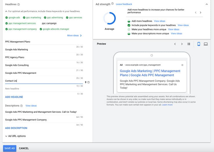 输入自适应搜索广告的标题和说明
