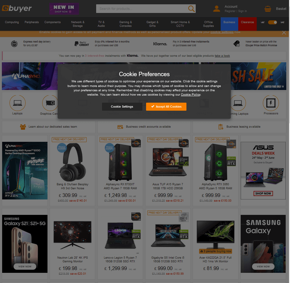 cookie 覆盖的示例是 Ebuyer 页面上最大的元素。