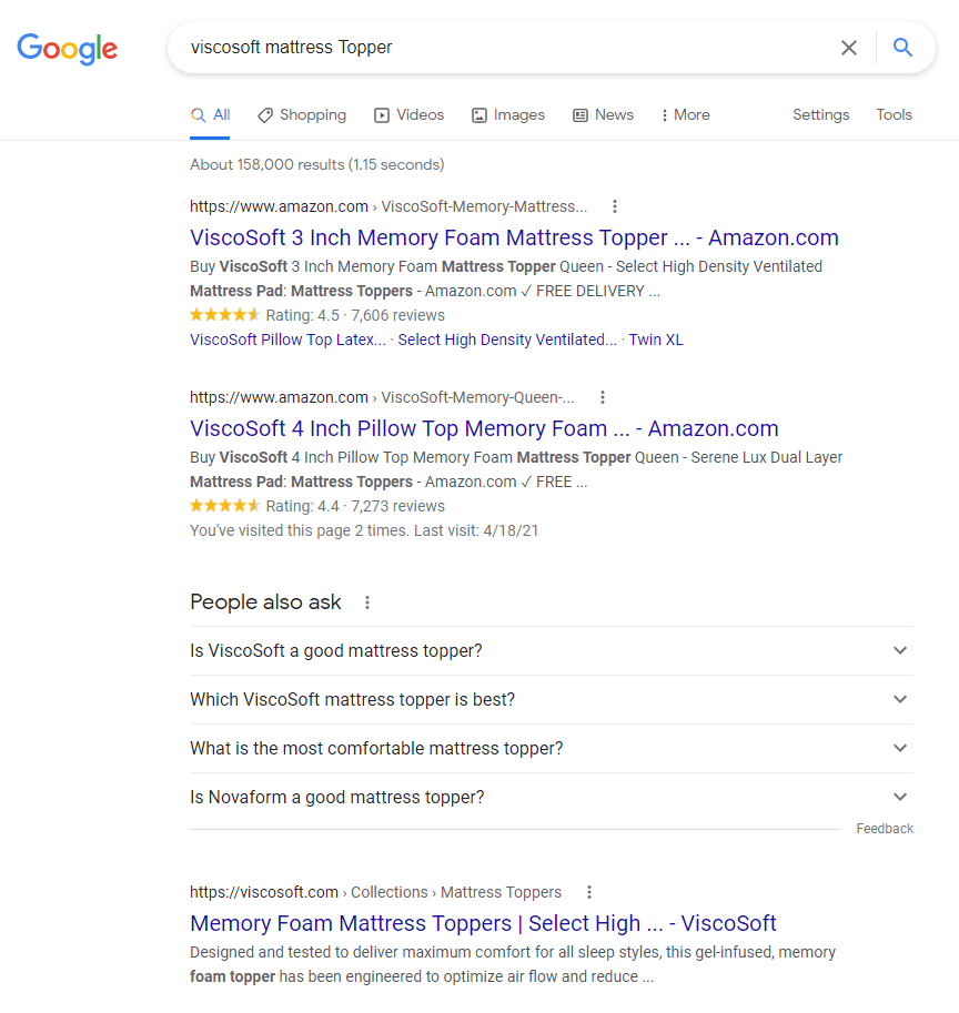 Viscosoft 床垫罩的 SERP 结果