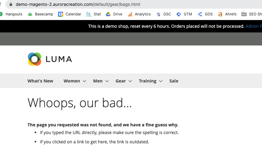 演示 Magento 网站上的页面损坏。