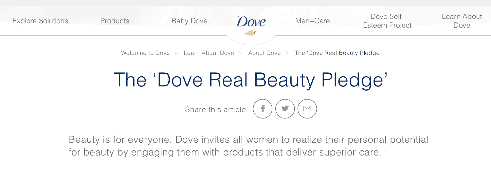 Dove Real Beauty 承诺登陆页面。