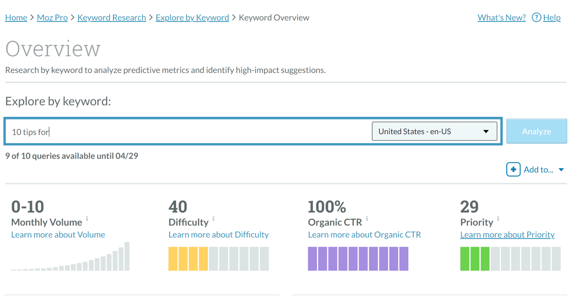 Moz Pro 关键字资源管理器的屏幕截图。